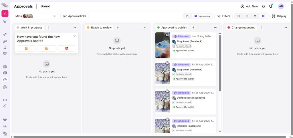 Sked Social Approvals board with Work in progress, Ready to review, Approved to publish and Change requested columns