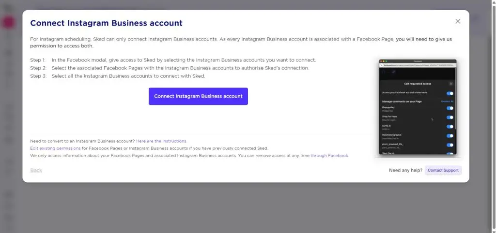 Connect Instagram Business account dialog in Sked Social