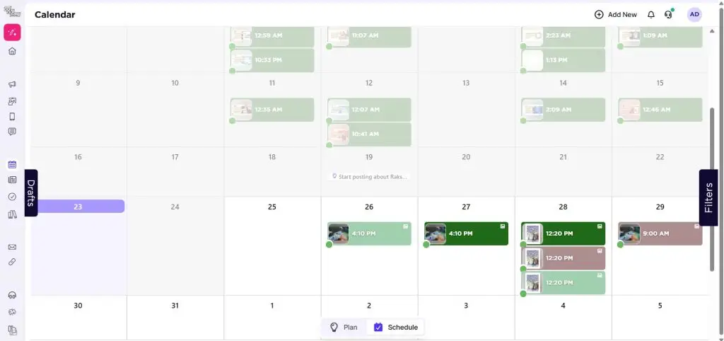 Sked Social monthly content calendar with scheduled posts and a drafts drawer