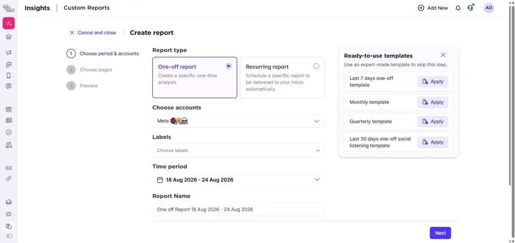 Sked Social Create report wizard offering one-off and recurring report types