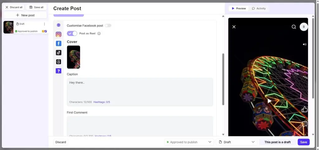 Sked Social Create Post composer with per-platform customisation and a live preview