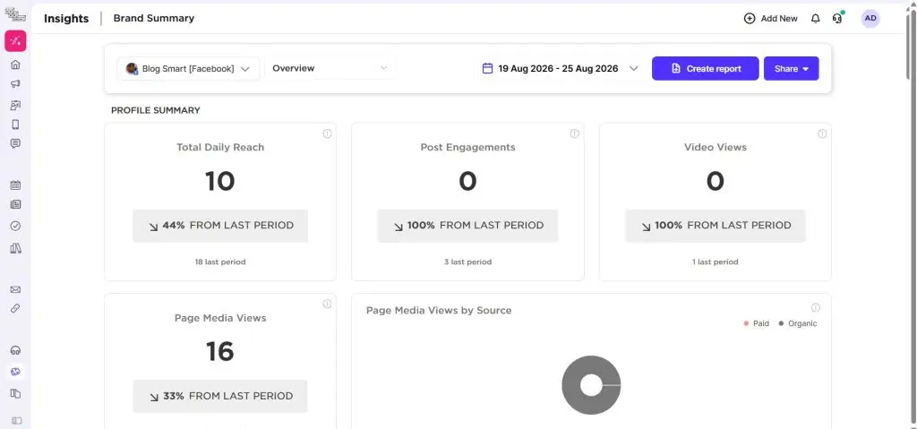 Sked Social Brand Summary report showing Facebook reach, engagement and video views