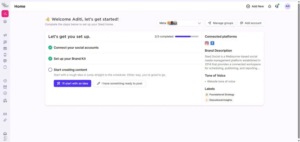 Sked Social home dashboard with a setup checklist and the brand group selector