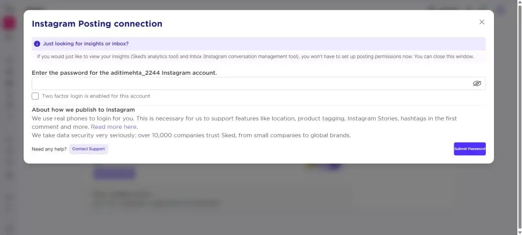 Sked Social Instagram posting connection screen asking for the account password