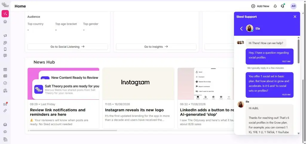 Sked Support live chat widget open over the Sked Social dashboard