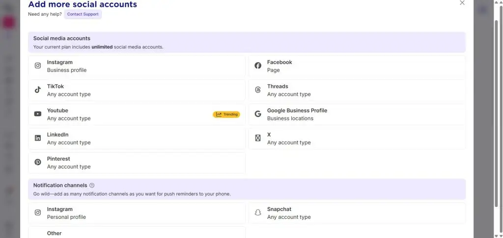 Add more social accounts screen in Sked Social listing API platforms and notification channels