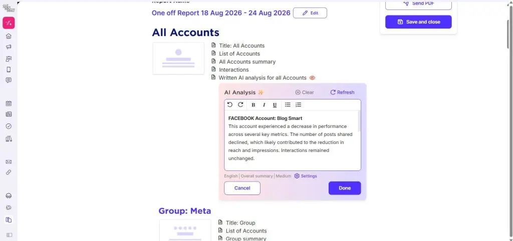 Editable AI Analysis panel inside a Sked Social report