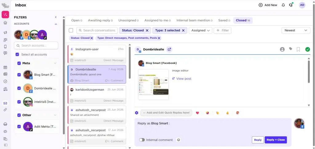 Sked Social unified inbox with conversation filters and a reply box