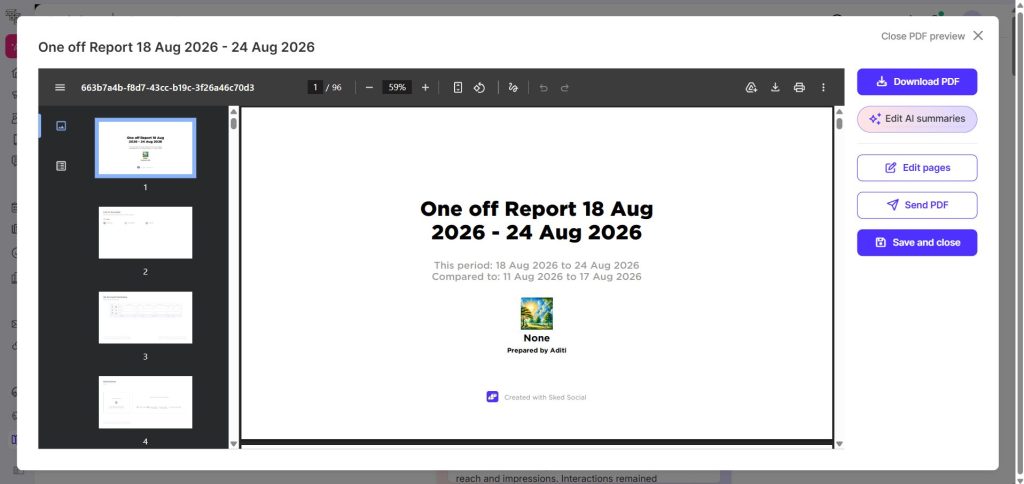 Sked Social PDF report preview with download, send and edit options