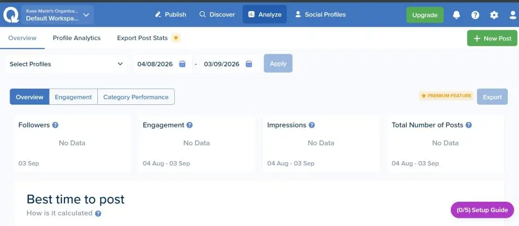 SmarterQueue Analyze tab showing Overview, Engagement and Category Performance views with followers, engagement and impressions tiles
