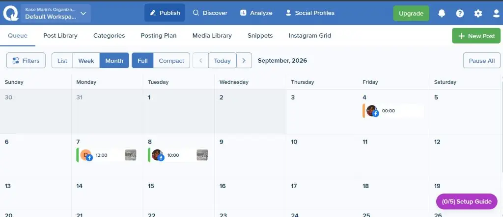 SmarterQueue queue calendar in month view with scheduled Facebook posts on individual days