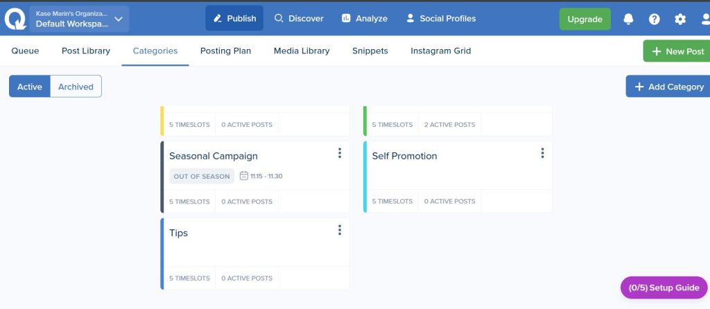 SmarterQueue Categories tab showing Seasonal Campaign, Self Promotion and Tips categories with timeslot and active post counts
