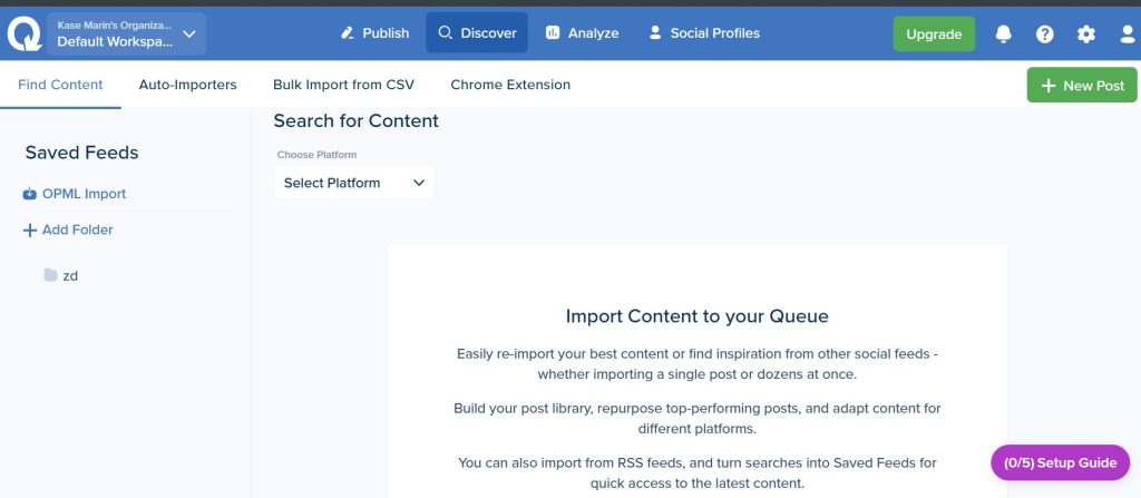 SmarterQueue Discover tab with Find Content, Auto-Importers, Bulk Import from CSV and Chrome Extension sub-tabs and a Saved Feeds panel