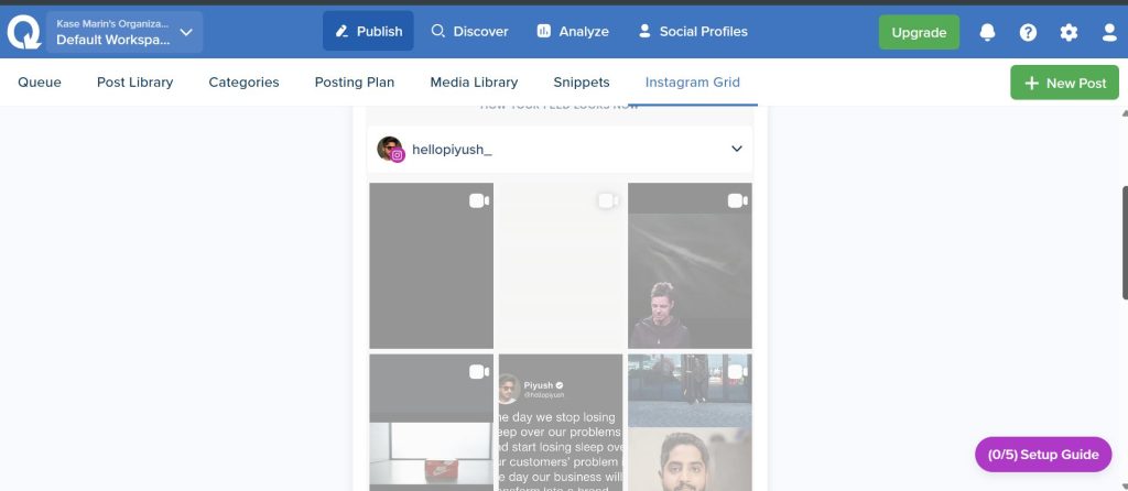 SmarterQueue Instagram Grid tab previewing how the feed of an Instagram profile looks