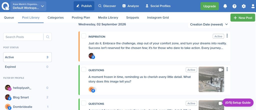 SmarterQueue Post Library listing category-labelled posts with Active and Expired status and a filter by profile