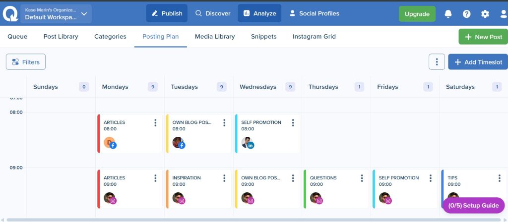 SmarterQueue Posting Plan weekly timetable with colour-coded category timeslots such as Articles, Own Blog Posts and Self Promotion