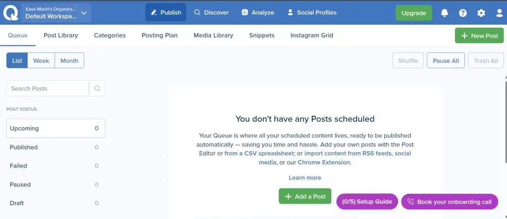SmarterQueue Publish tab with Queue selected and post status filters for Upcoming, Published, Failed, Paused and Draft