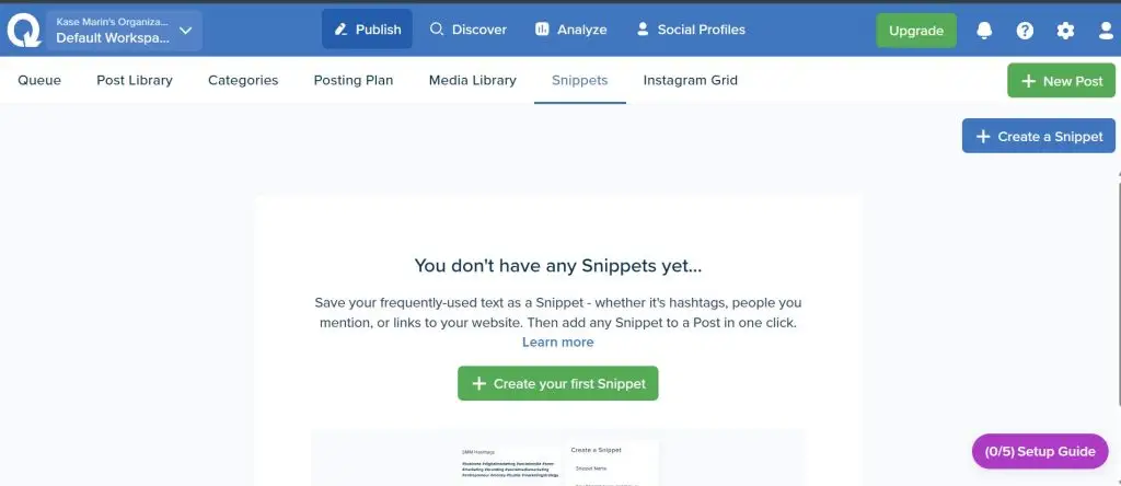SmarterQueue Snippets tab explaining saved reusable text such as hashtags, mentions and links