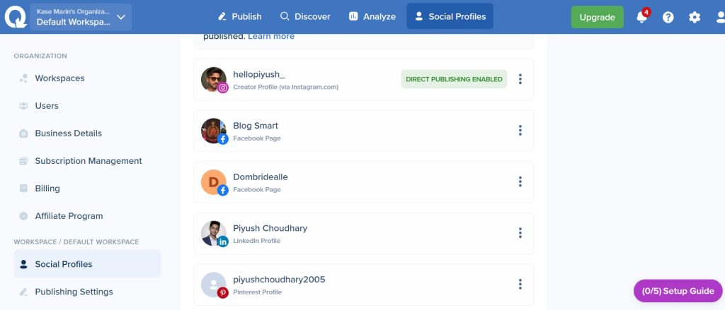 SmarterQueue Social Profiles list with Instagram, Facebook Page, LinkedIn and Pinterest accounts connected