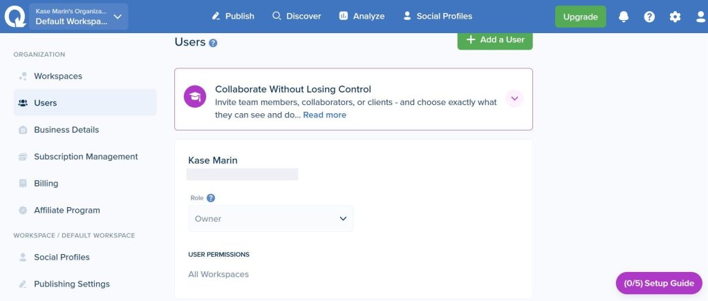 SmarterQueue Users settings showing a user role dropdown and user permissions