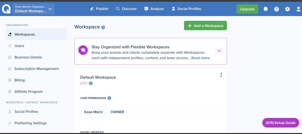SmarterQueue Workspace settings page with Add a Workspace button and user permissions for the default workspace