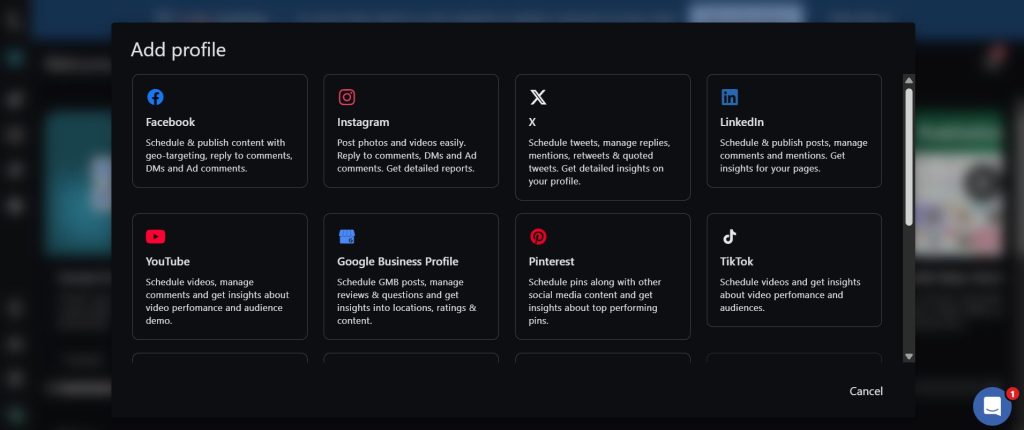 Statusbrew Add profile screen showing Facebook, Instagram, X, LinkedIn, YouTube, Google Business Profile, Pinterest and TikTok