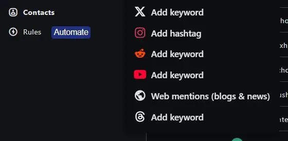 Statusbrew menu offering keyword and hashtag listening for X, Instagram, Reddit, YouTube, Threads and web mentions
