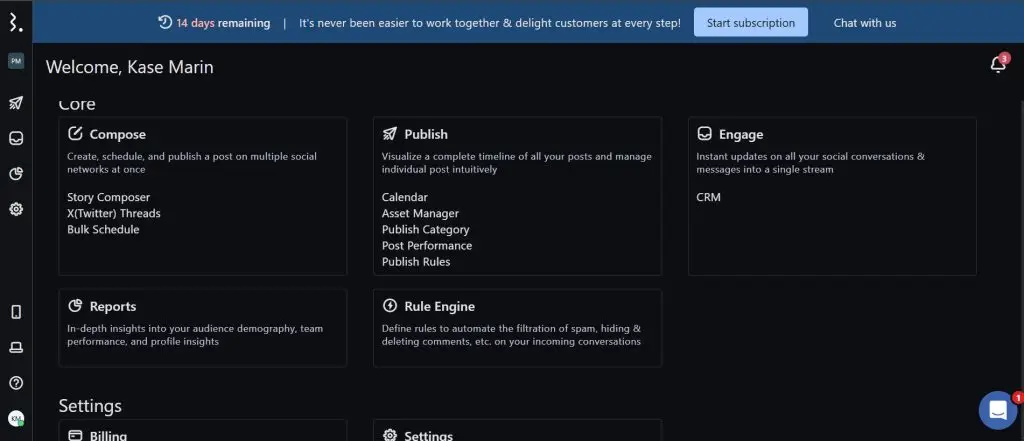 Statusbrew Core panel listing Compose, Publish, Engage, Reports and Rule Engine