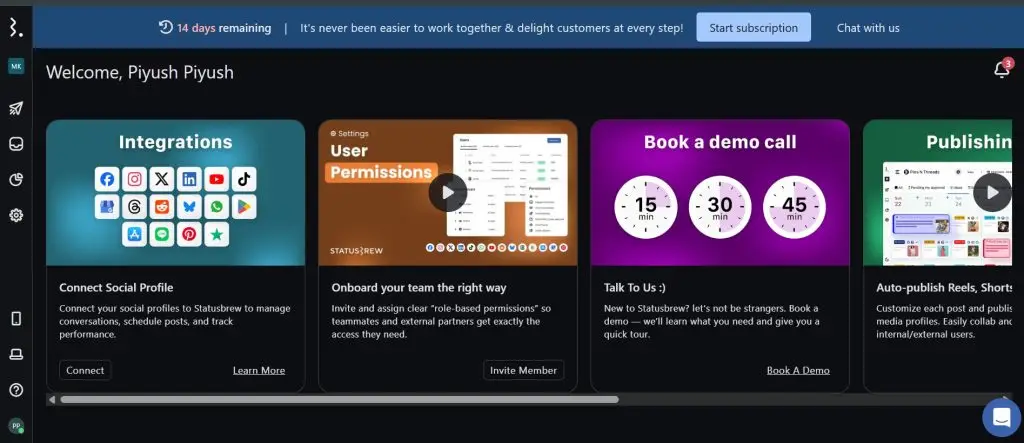 Statusbrew welcome dashboard with onboarding cards for connecting profiles and setting permissions