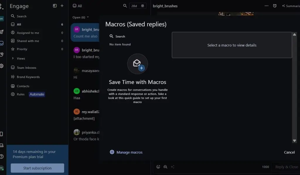 Statusbrew Engage inbox with an open conversation queue and the Macros saved replies panel