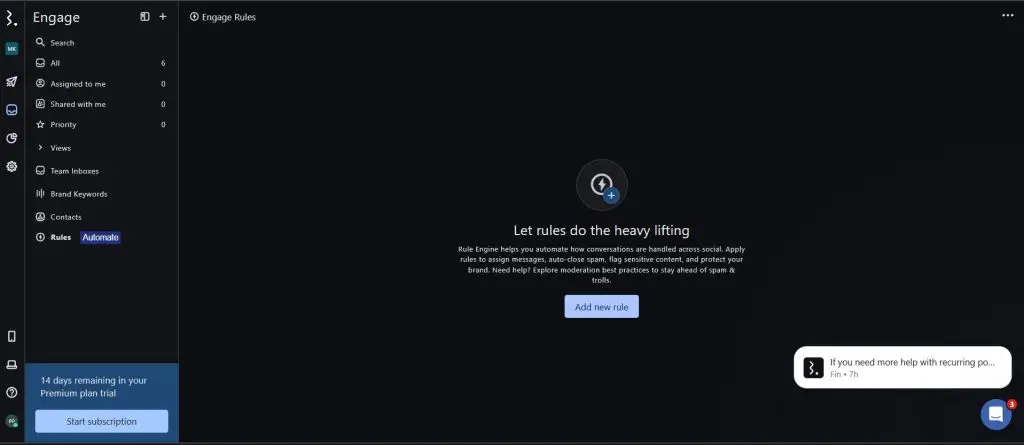 Statusbrew Engage Rules screen prompting the user to add a new moderation rule