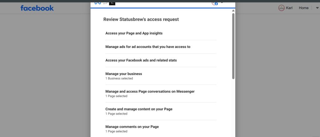 Facebook permission screen reviewing Statusbrew's access request for a Page