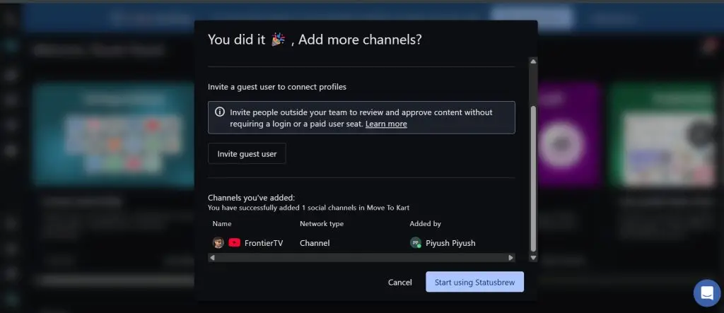 Statusbrew prompt to invite a guest user to review and approve content without a login or a paid user seat