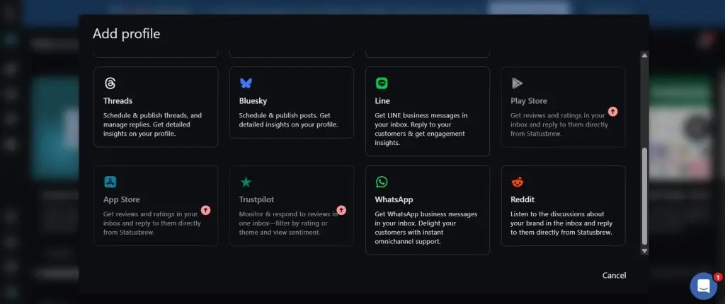 Statusbrew Add profile screen showing Threads, Bluesky, Line, Play Store, App Store, Trustpilot, WhatsApp and Reddit
