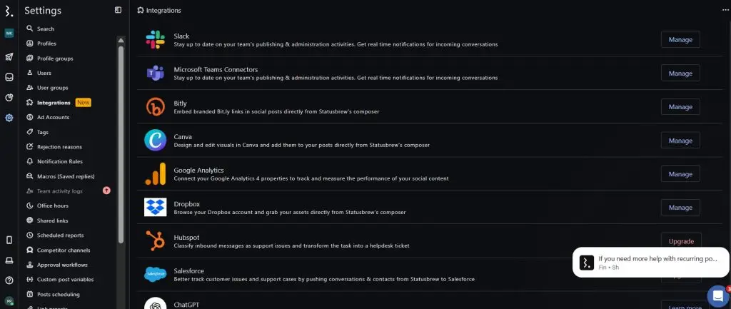 Statusbrew integrations list showing Slack, Microsoft Teams, Bitly, Canva, Google Analytics, Dropbox, HubSpot and Salesforce
