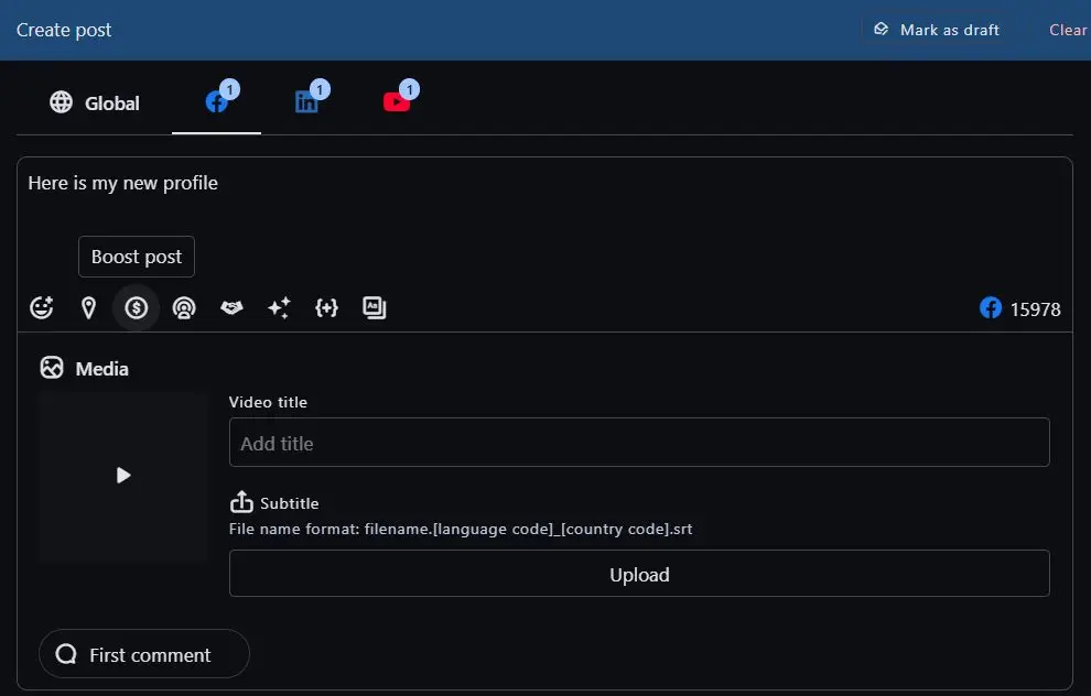 Statusbrew composer tabs for Facebook, LinkedIn and YouTube carrying a video title field and subtitle upload