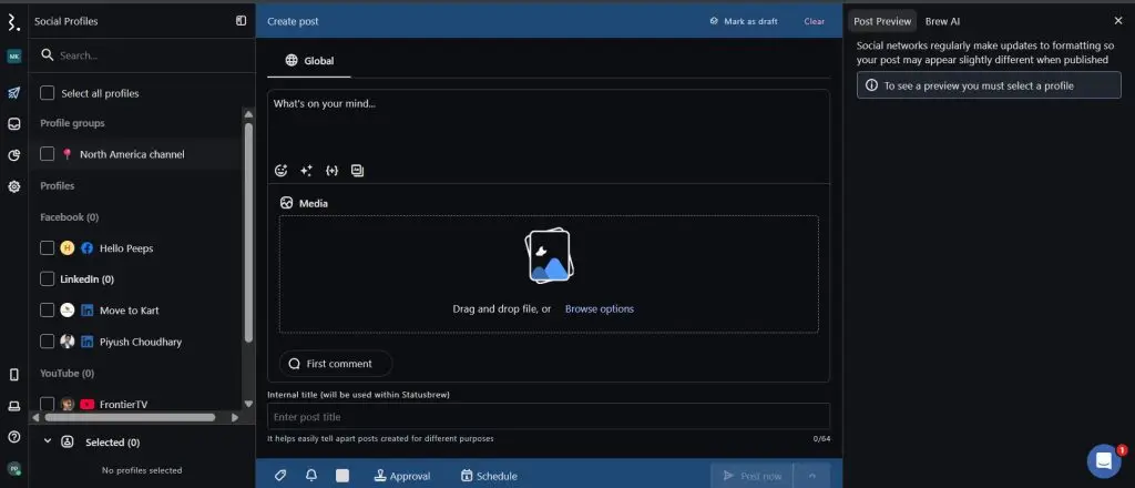 Creating a post in the Statusbrew composer with media upload, first comment and approval controls