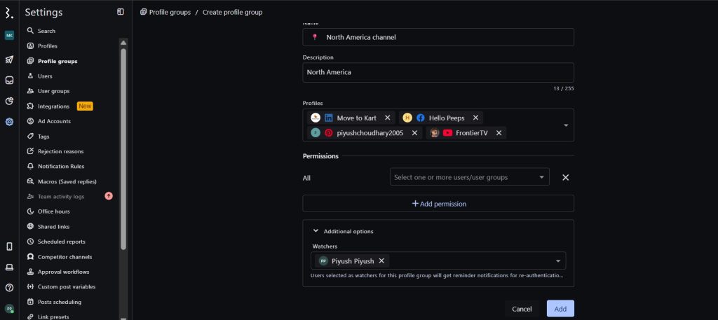 Creating a Statusbrew profile group with assigned profiles, permissions and watchers