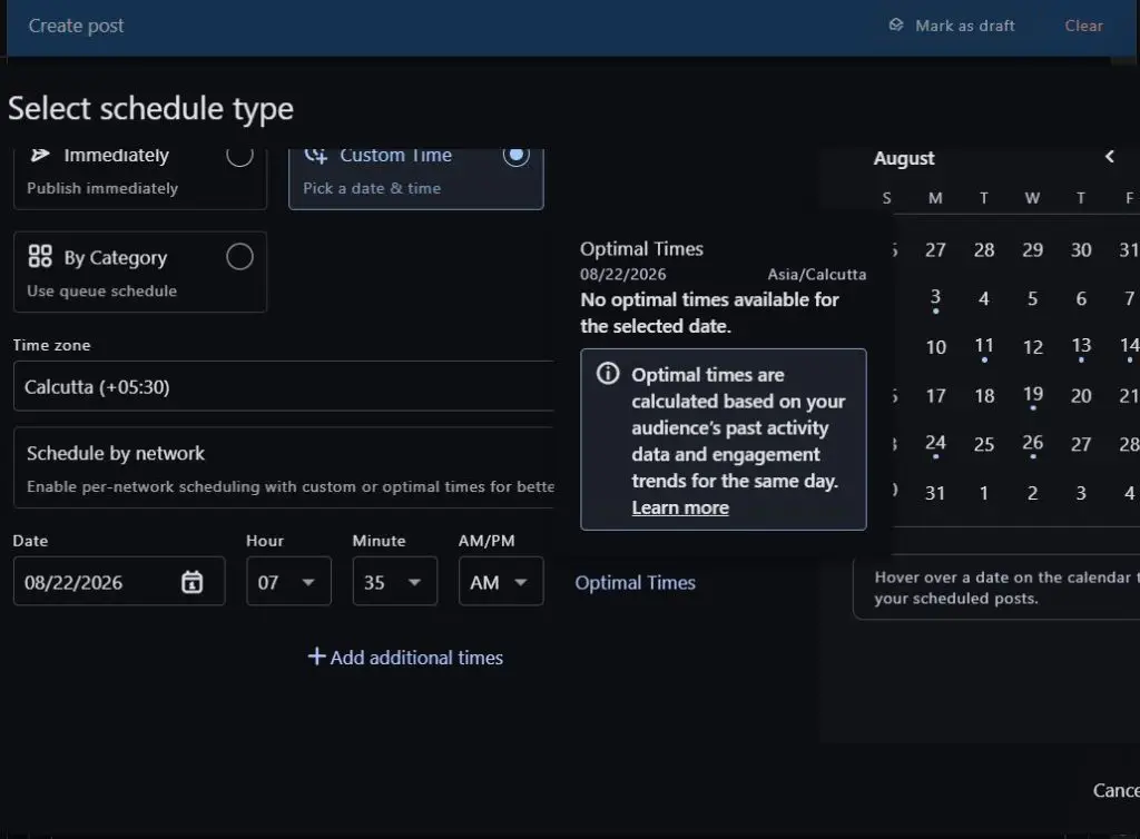 Statusbrew Select schedule type panel offering Immediately, Custom Time and By Category with a time zone selector