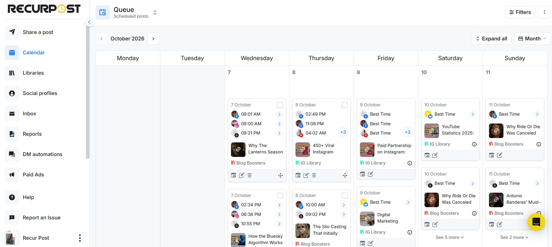 RecurPost calendar dashboard