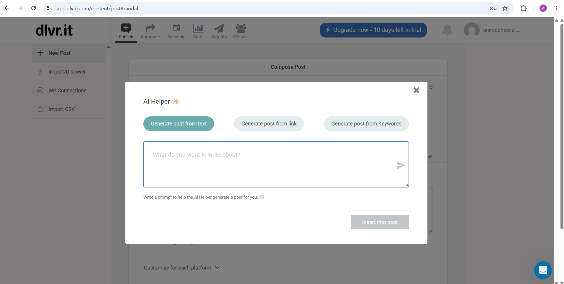 dlvr.it AI Helper generating a post from text, a link or keywords