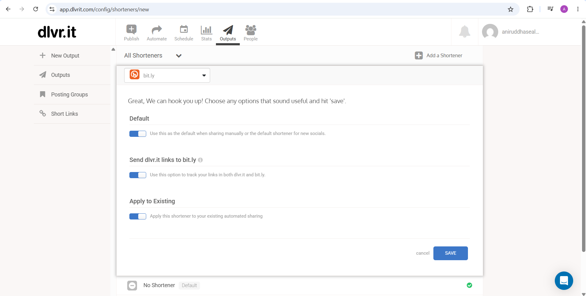 dlvr.it Bitly link shortener settings under Outputs