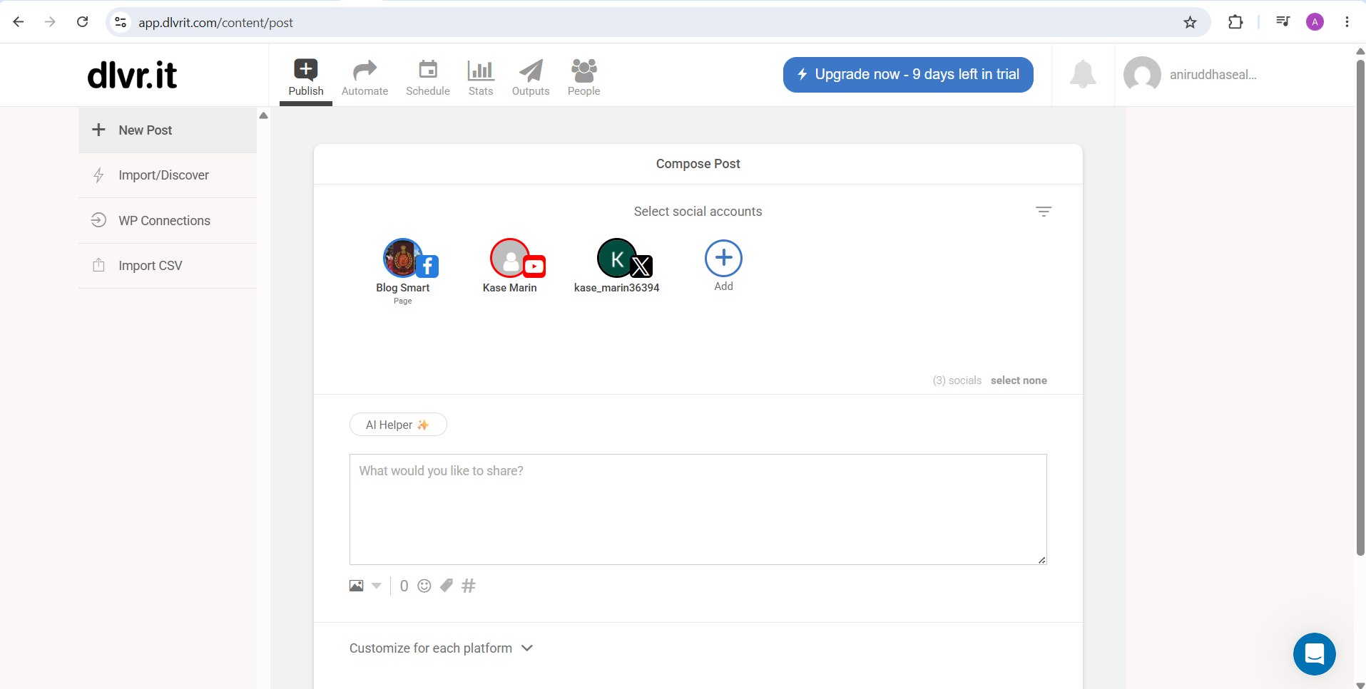 dlvr.it Compose Post screen with social account selection, AI Helper and Customize for each platform option