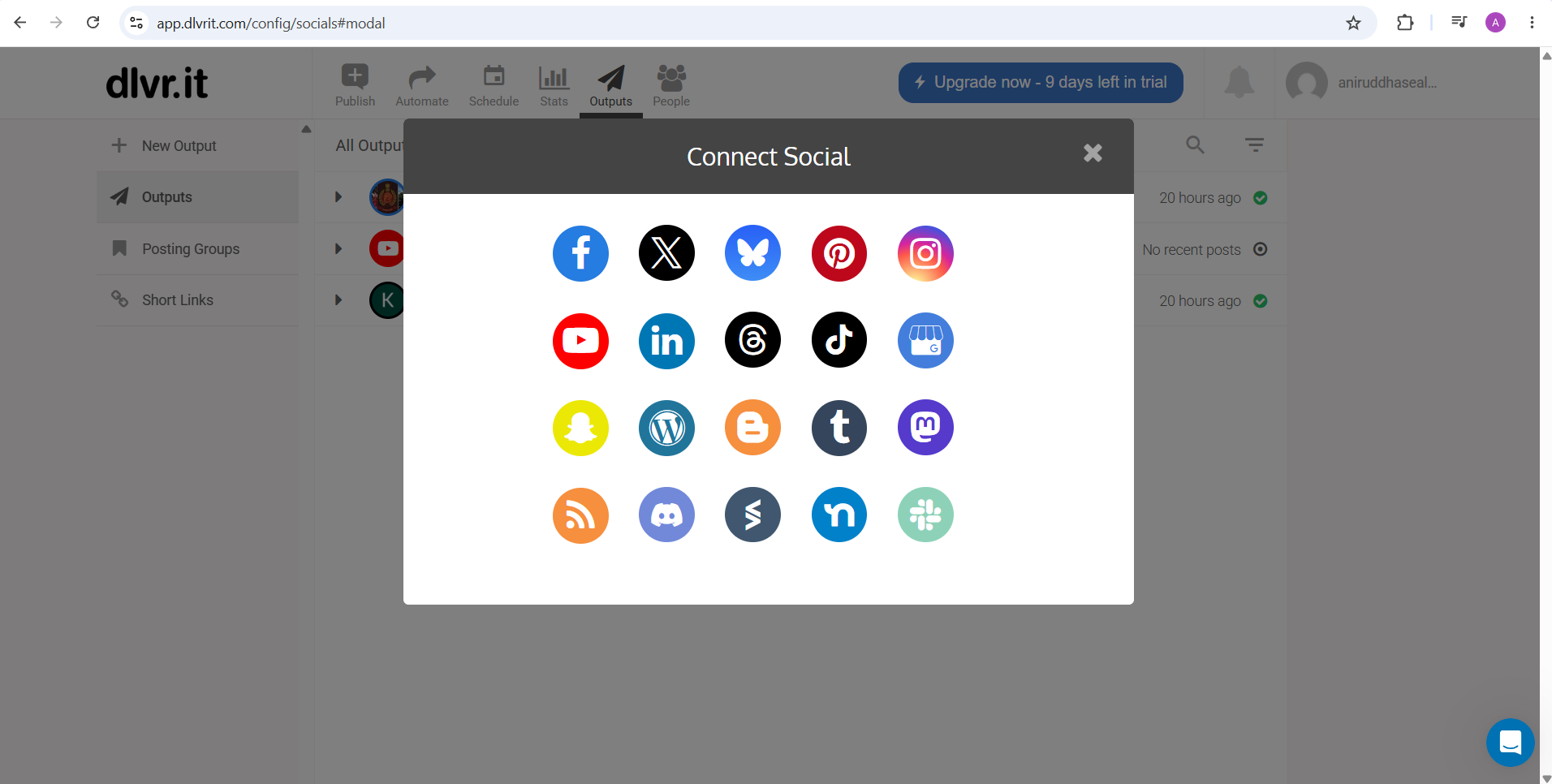 dlvr.it Connect Social window listing supported publishing networks