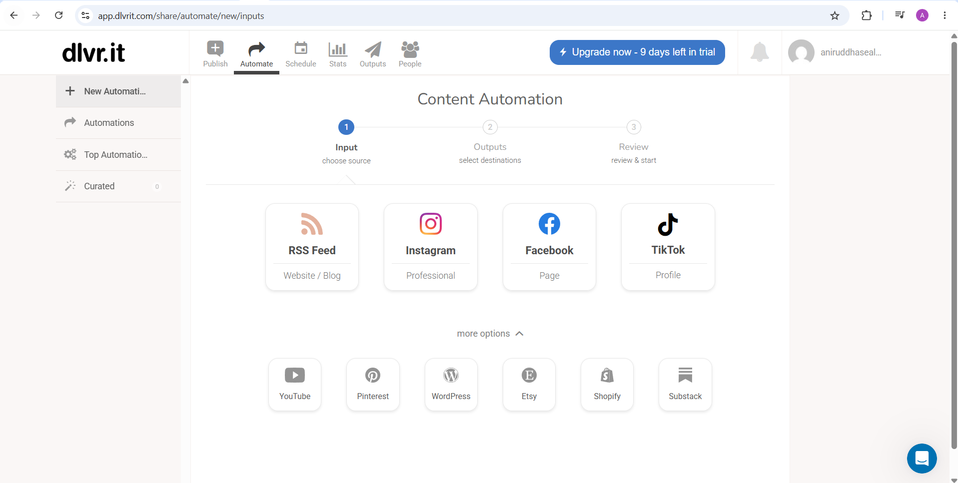 dlvr.it Content Automation input step with RSS feed, Instagram, Facebook, TikTok, YouTube, Pinterest, WordPress, Etsy, Shopify and Substack sources