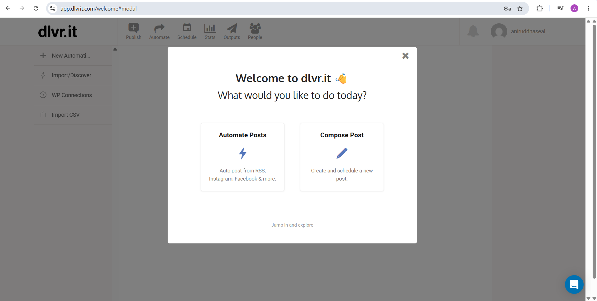 dlvr.it dashboard with Publish, Automate, Schedule, Stats, Outputs and People tabs and no social inbox