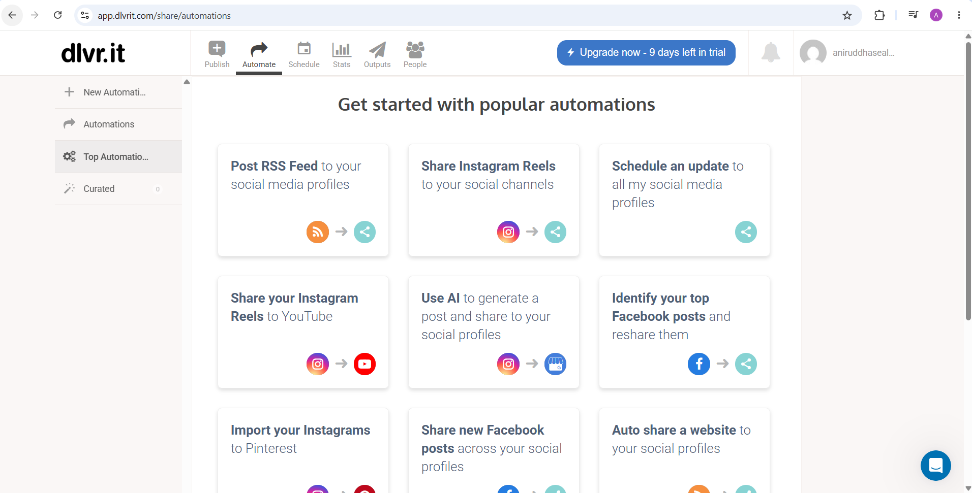 dlvr.it popular automations catalog with RSS, Instagram Reels and Facebook workflows and no DM automation