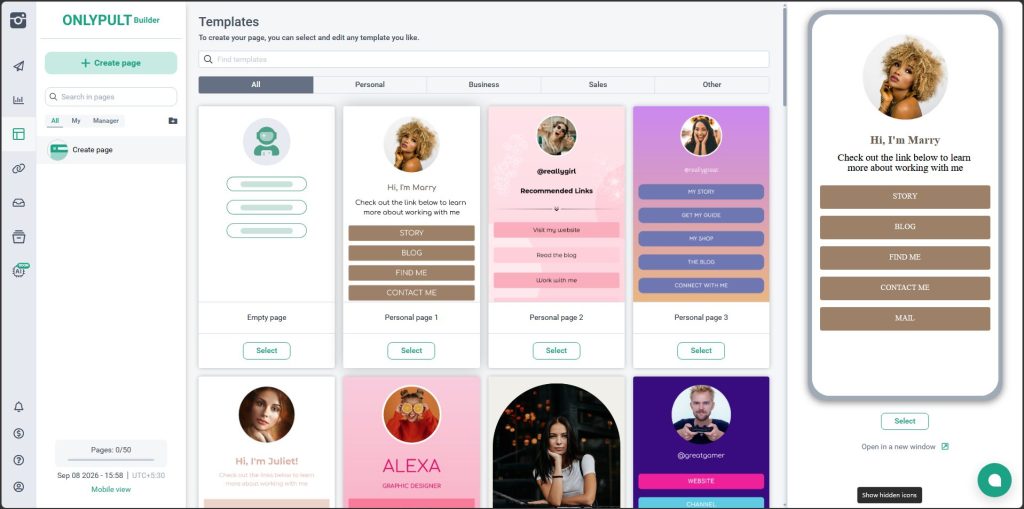 Link-in-bio builder in Onlypult