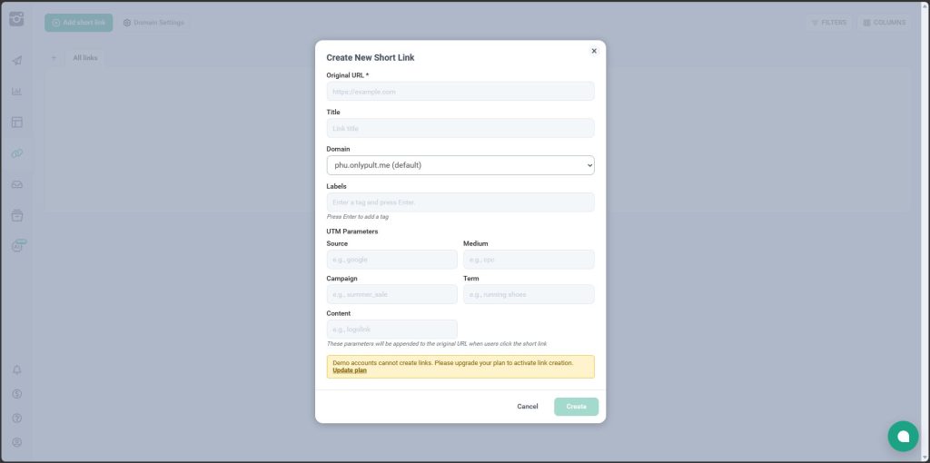 Link shortener menu in Onlypult
