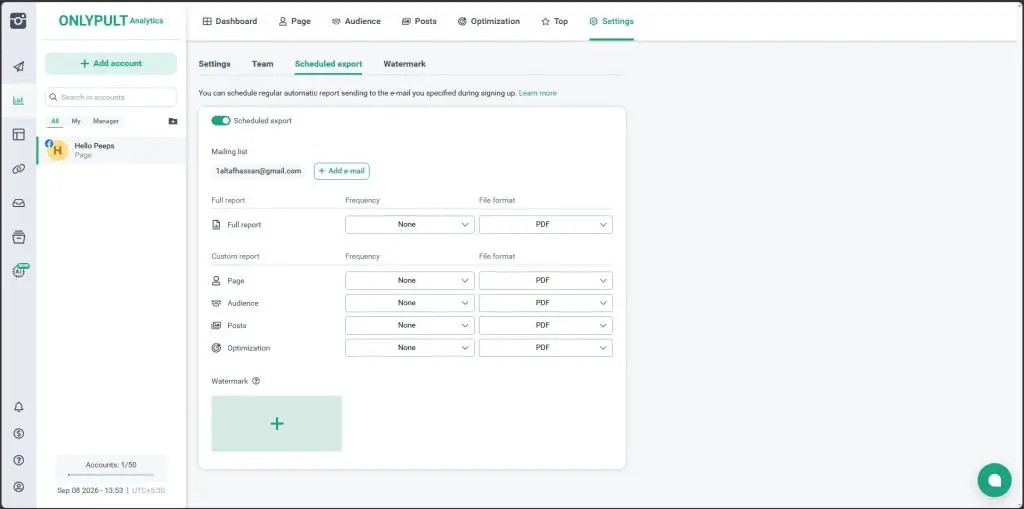 Scheduled analytics report in Onlypult